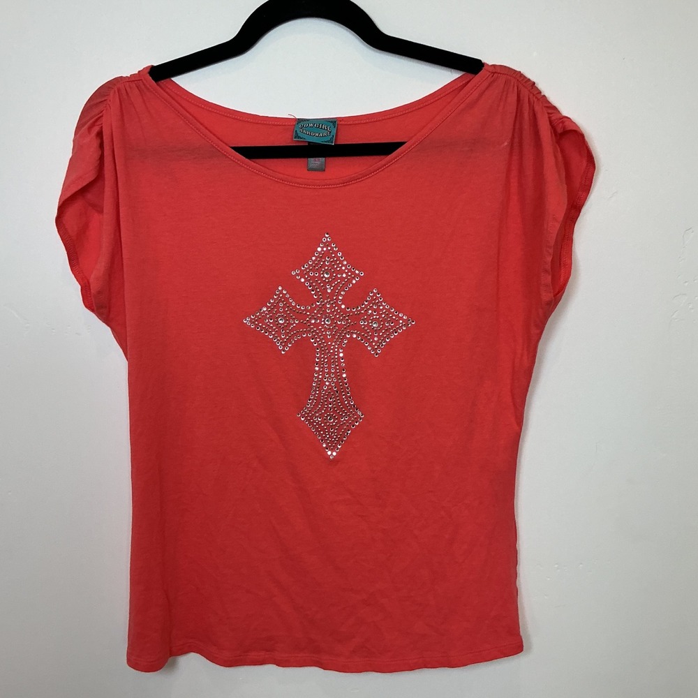 Cowgirl Hardware Coral Rhinestone Cross Short Sleeve T Shirt Top S